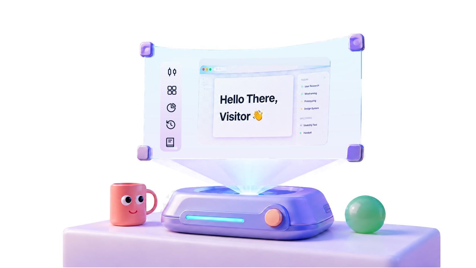 A holographic desk projector showing the Insire menu
